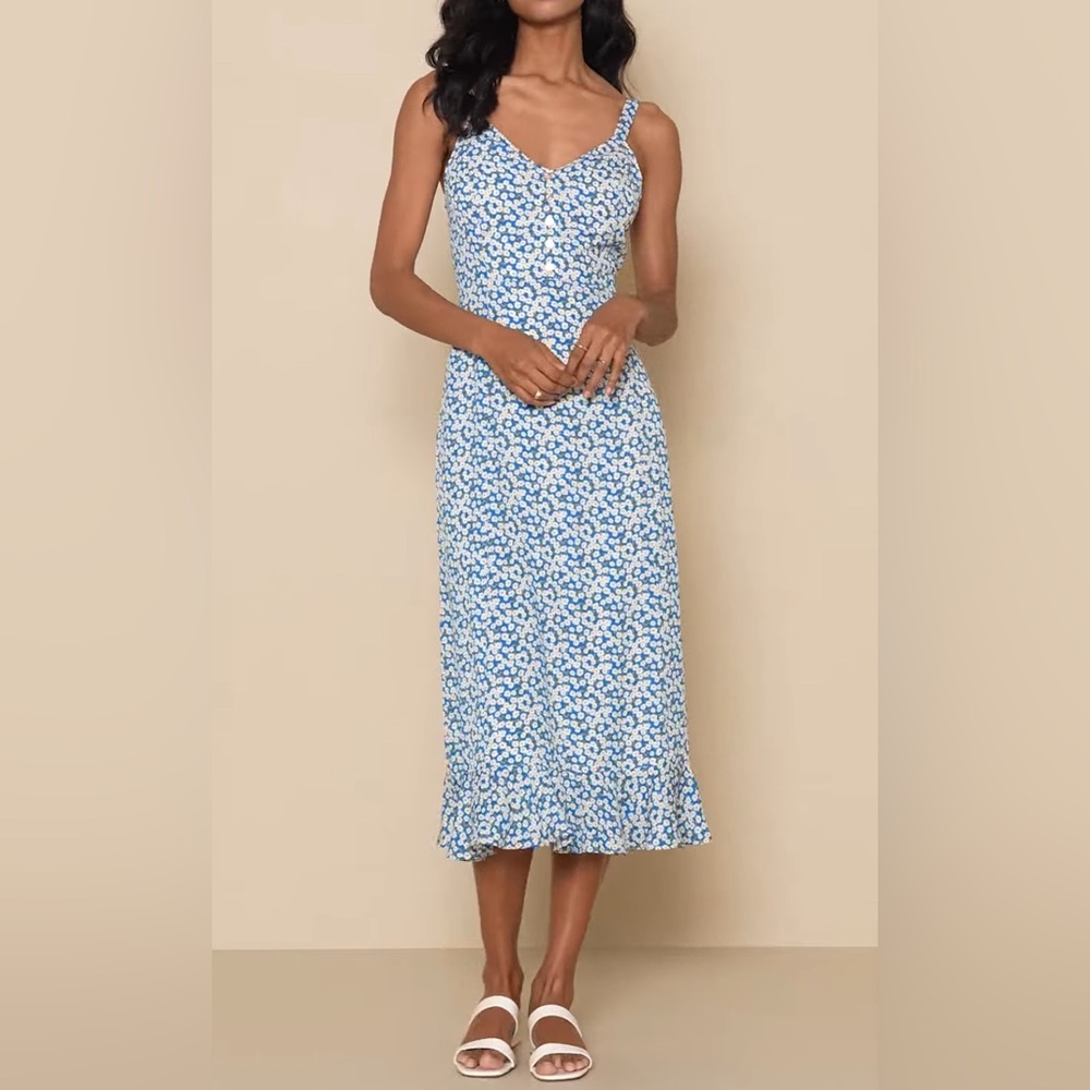 Lulus Chic Blue and White Floral Midi Dress